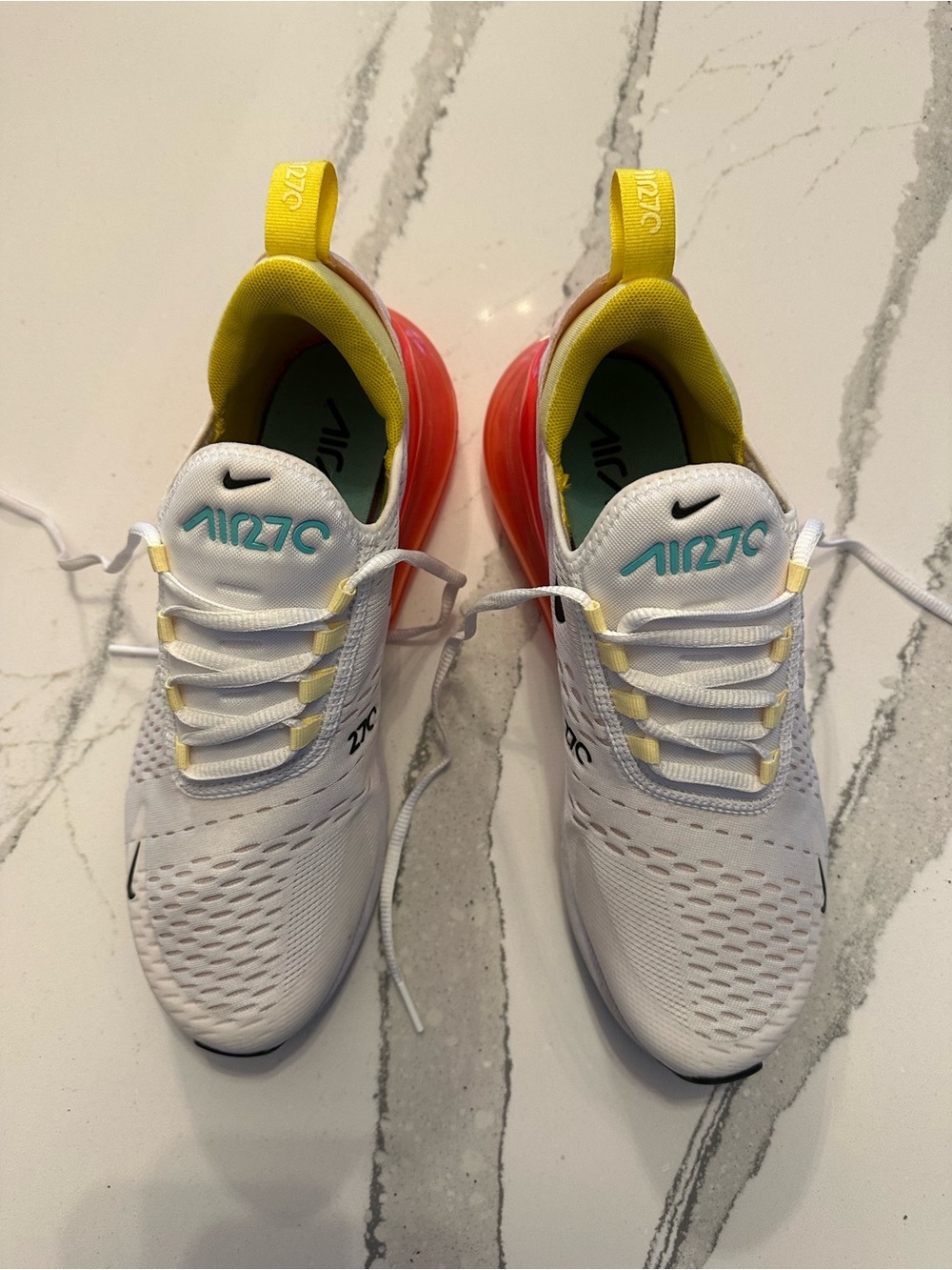 Nike Women's White Sneakers with Yellow Lining and Pink Heel Cushion - Picture 2 of 6